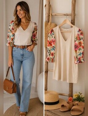 Saint + Sofia Floral Puff Sleeve Blouse US 14 NWT